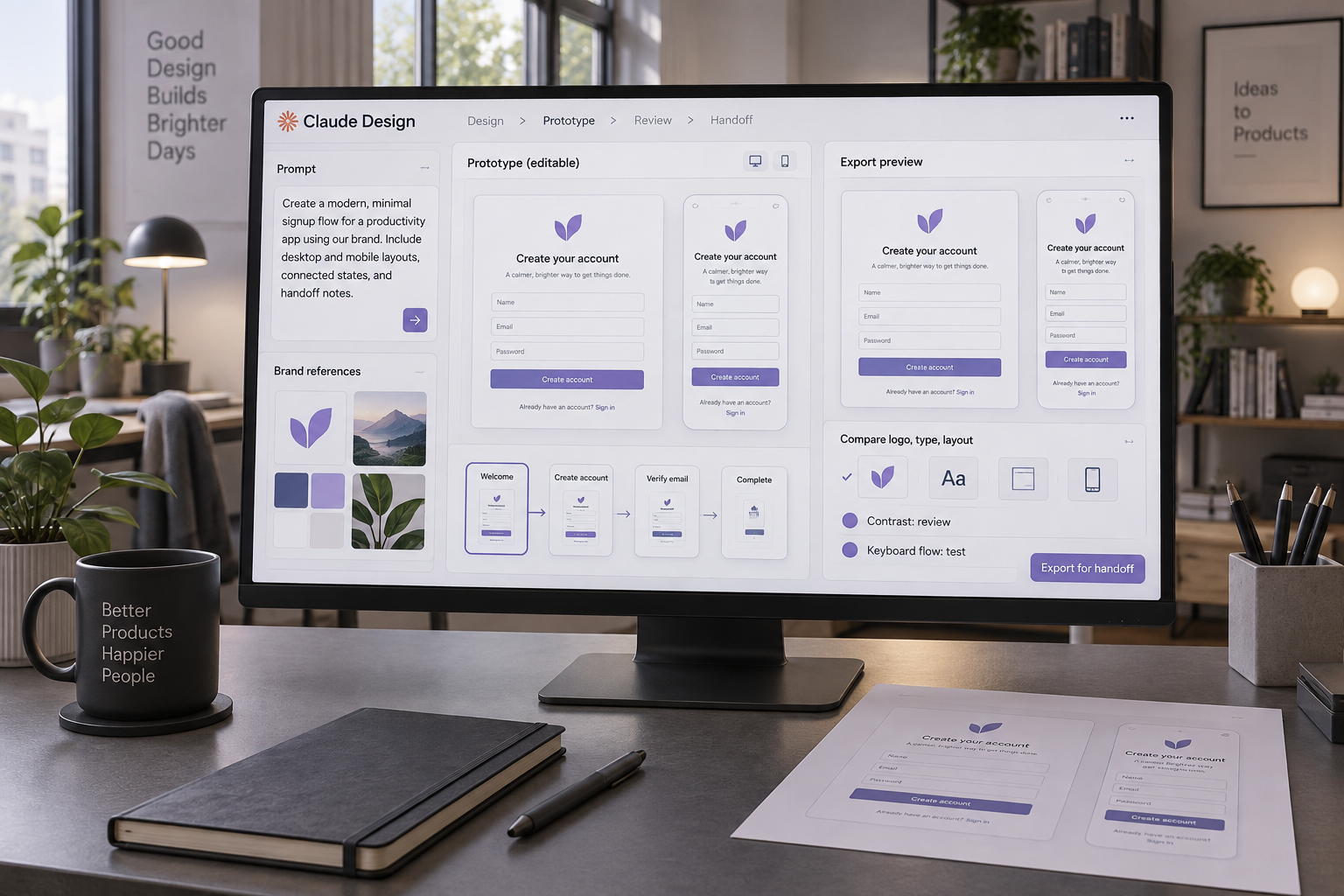 A calm design workspace with Claude Design comparing a signup-flow prototype and export preview, alongside review notes and a printed preview.