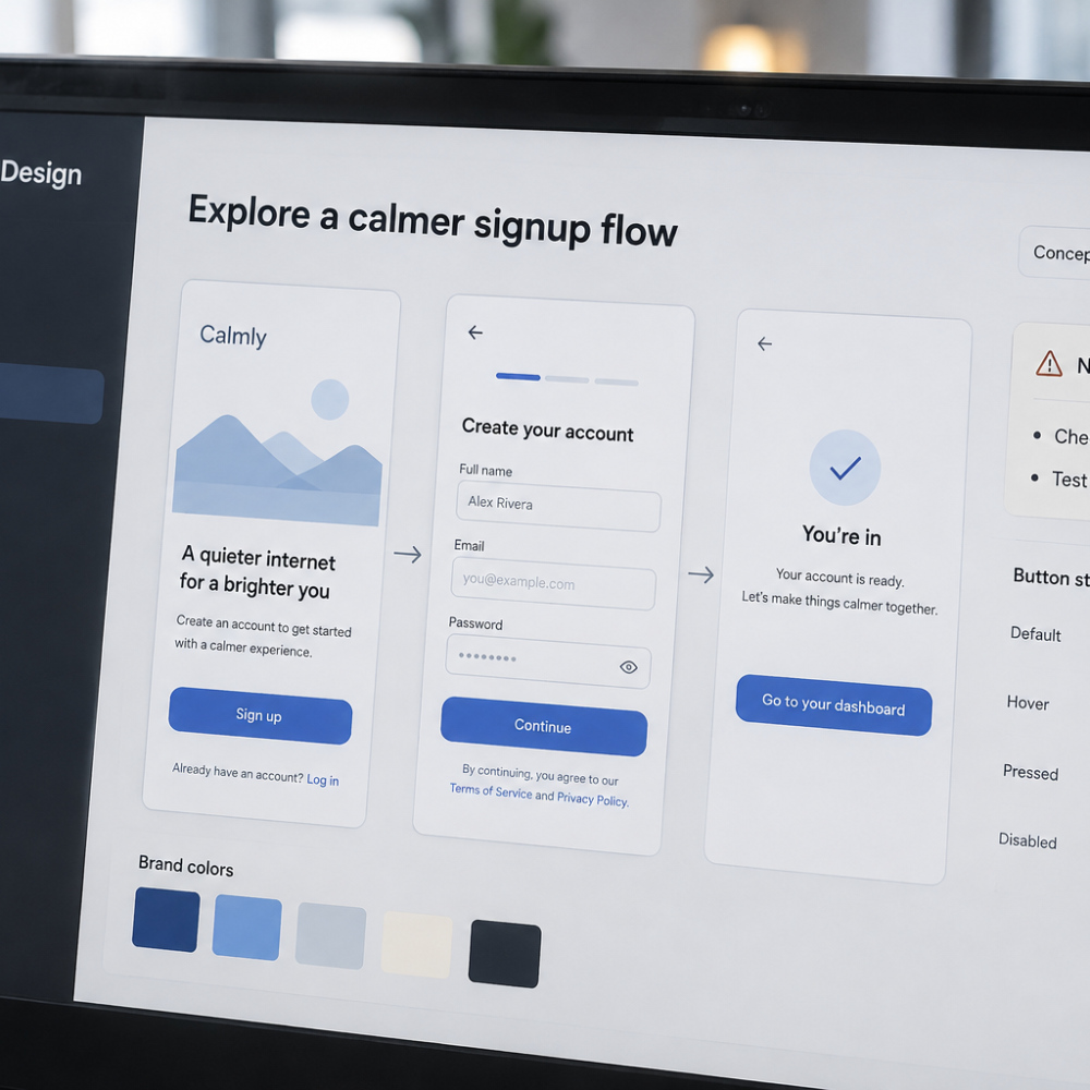 claude design workspace showing linked signup-flow mockups, a highlighted button, color swatches, and usability and accessibility review notes on a monitor